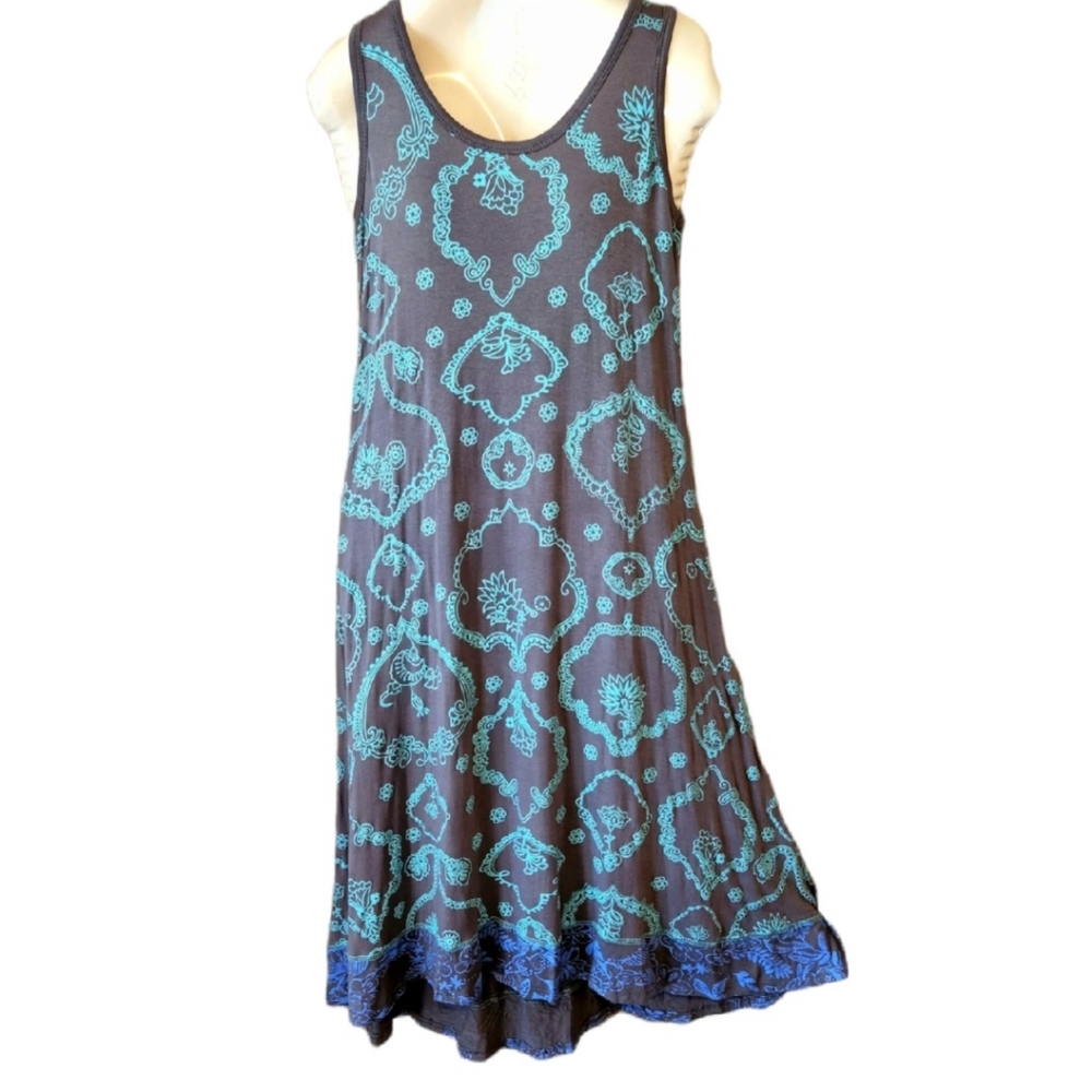 NWT India Boutique Turquoise & Grey Tribal Print Stretchy Slip On Dress, S/M